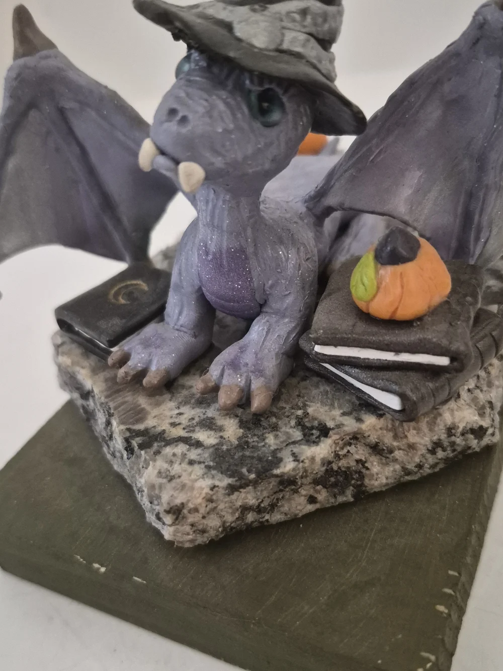 Lavender Dragon Figurine Wearing Witch Hat with Books And Pumpkins